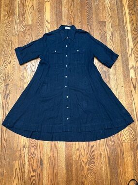 Dark Navy Linen Button-Front Shirt Dress with pockets